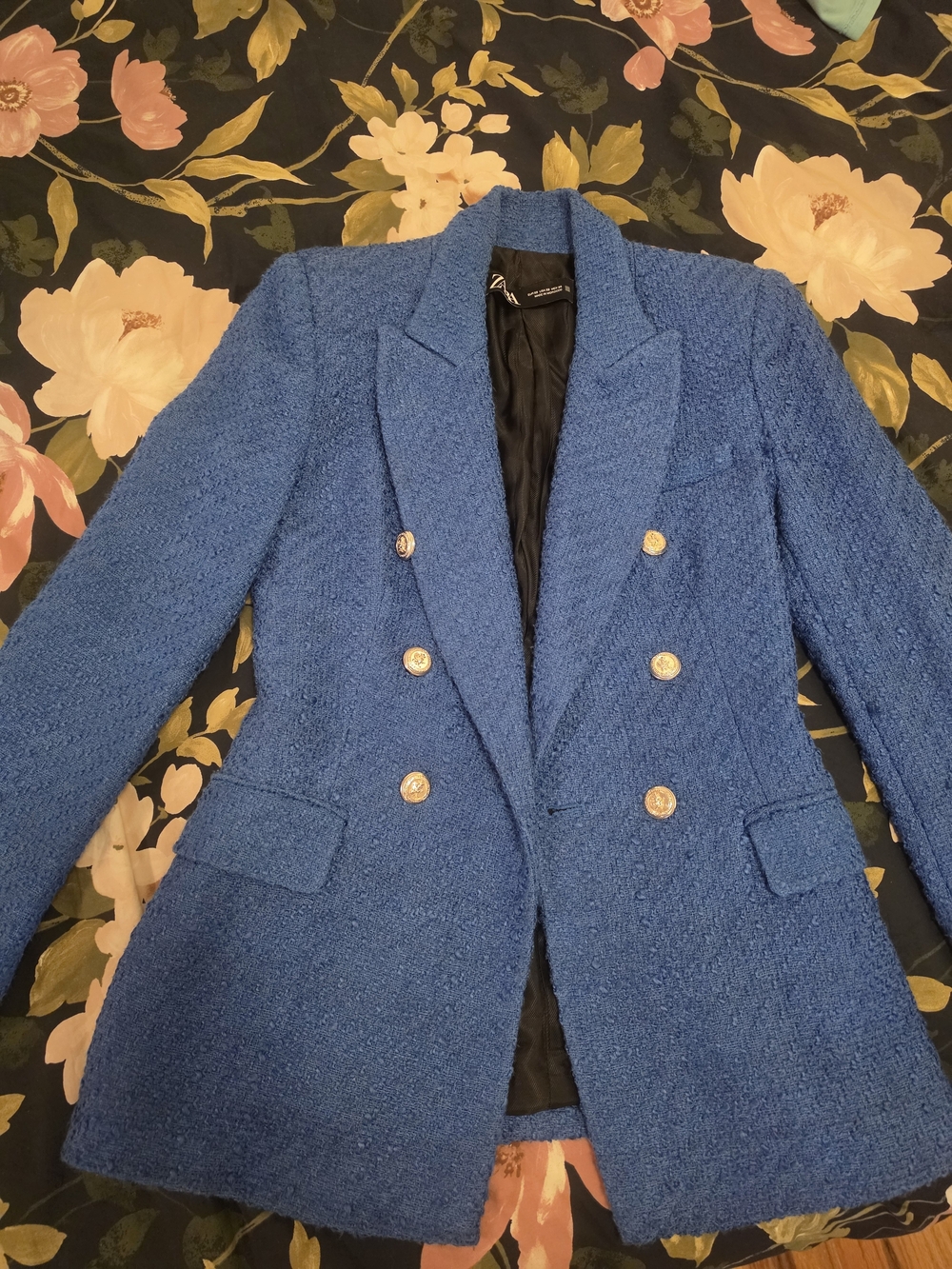 Zara Royal Blue Textured Double-Breasted Blazer with Gold Buttons
